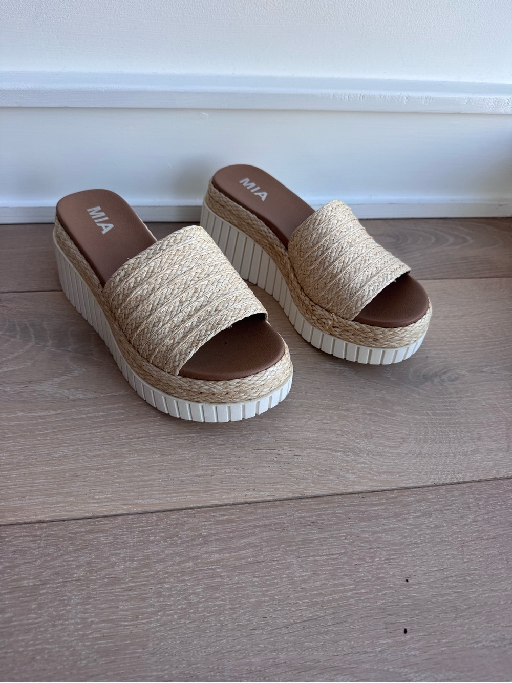 MIA Beige Braided Platform Slide Sandals
